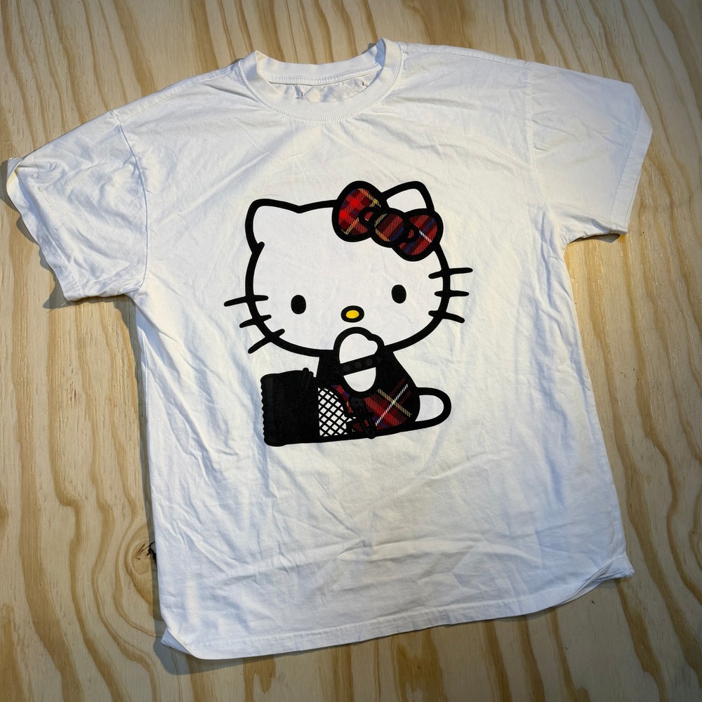 Sanrio Women's Hello Kitty Punk Plaid Bow Graphic T-Shirt White Size M
